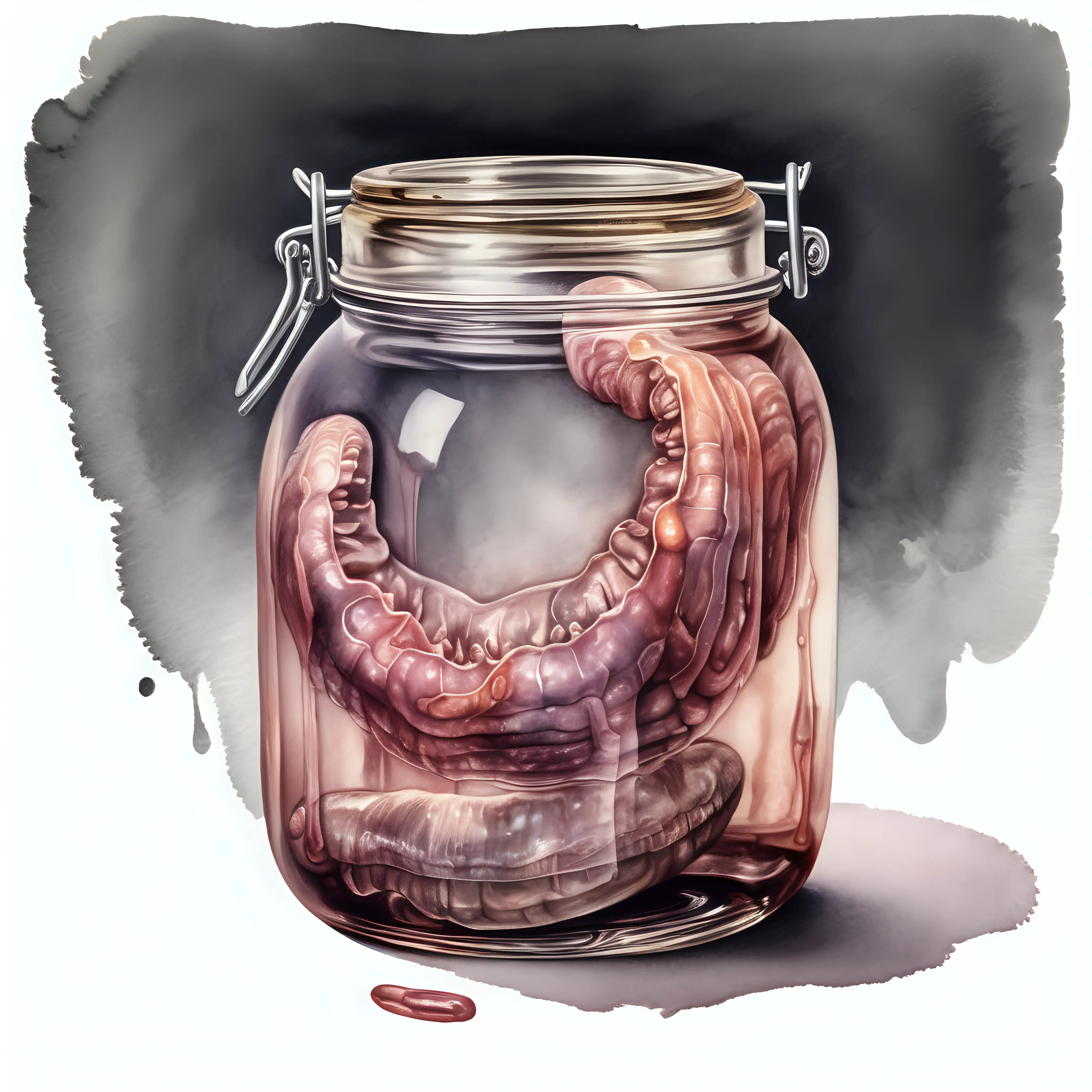 an old glass jar containing a weird piece of flesh floating in pickling fluid, dark watercolor drawing, no background