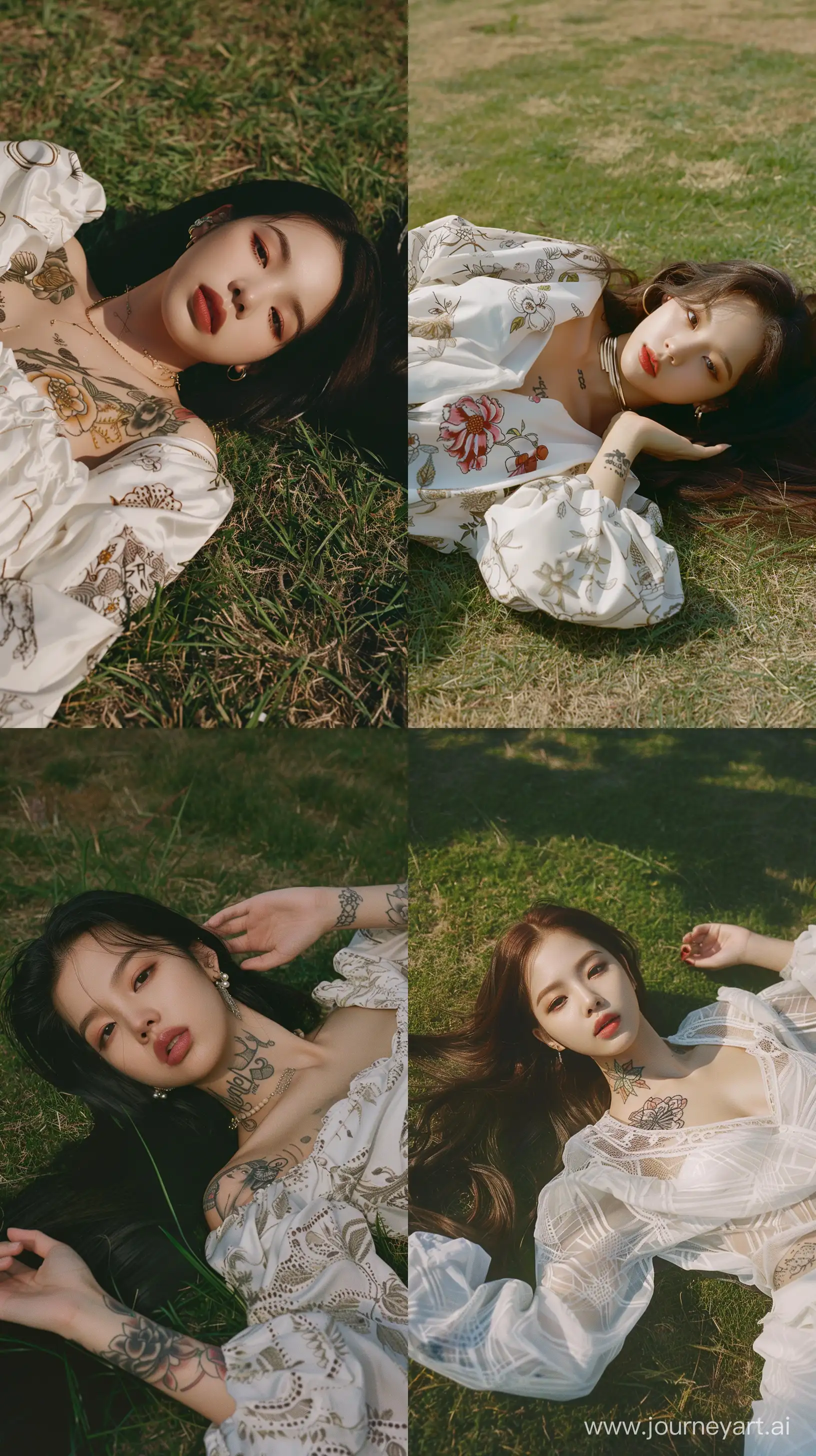 a photo of blackpink's jennie ,wearing white oversized motived blouse laying on the grass, bared face,low film, cute tattoo,fujifilm --ar 9:16