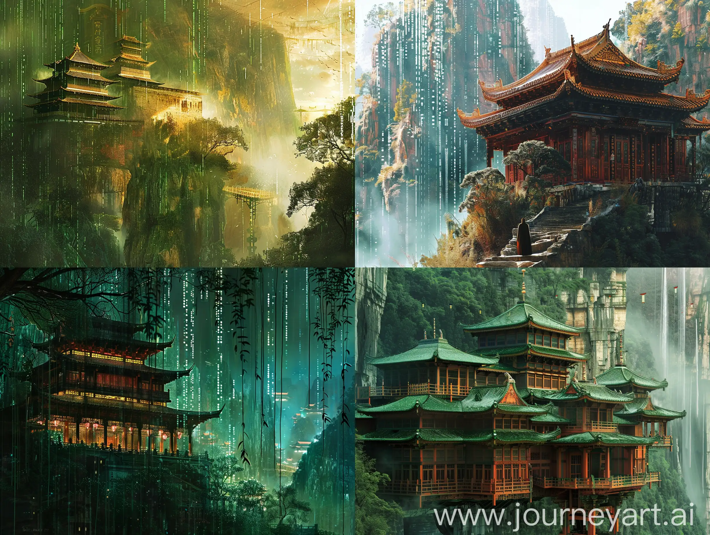 Shangri-La as a realistic painting with Matrix-like background