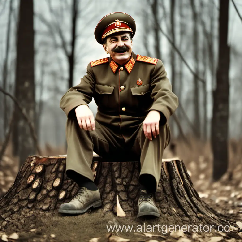 Сталин в фуражке сидит на пне и смеётся 