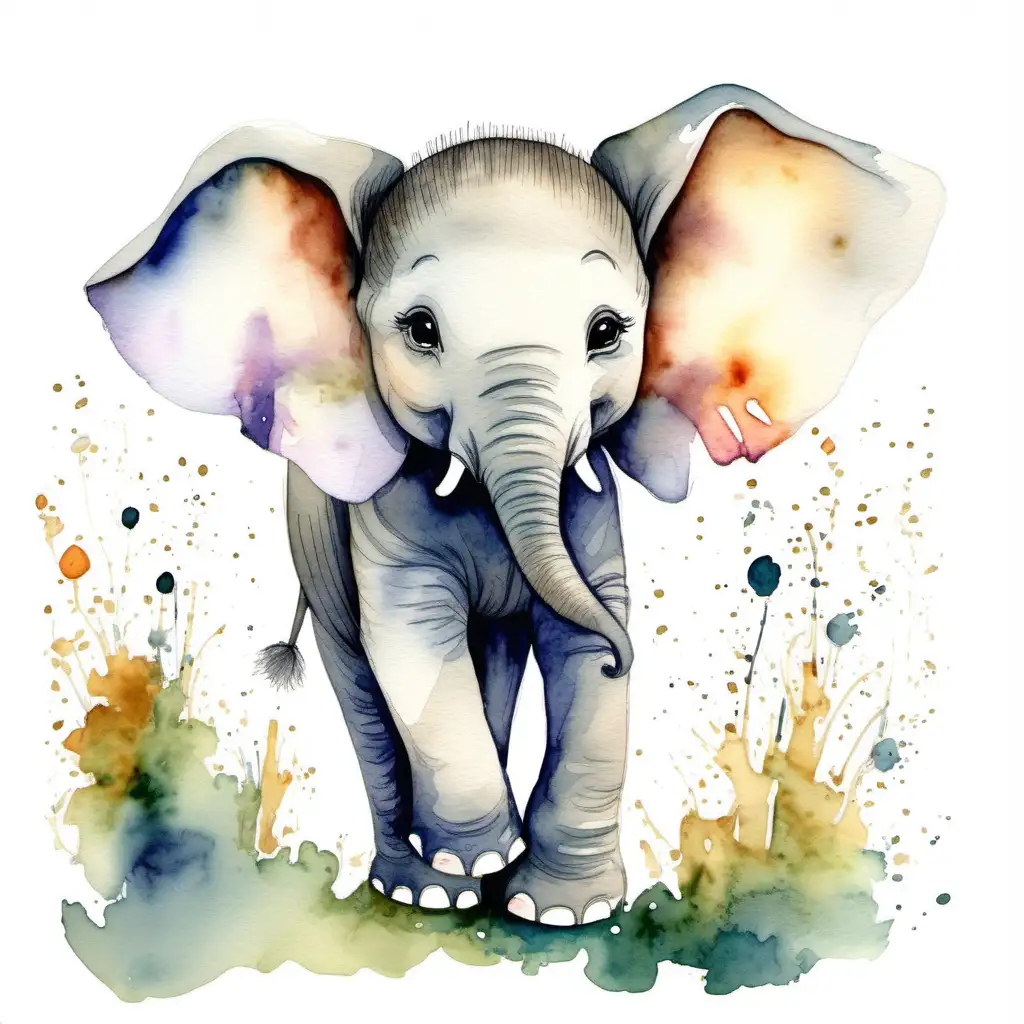 Joyful Elephant Cub Watercolor Painting on White Background