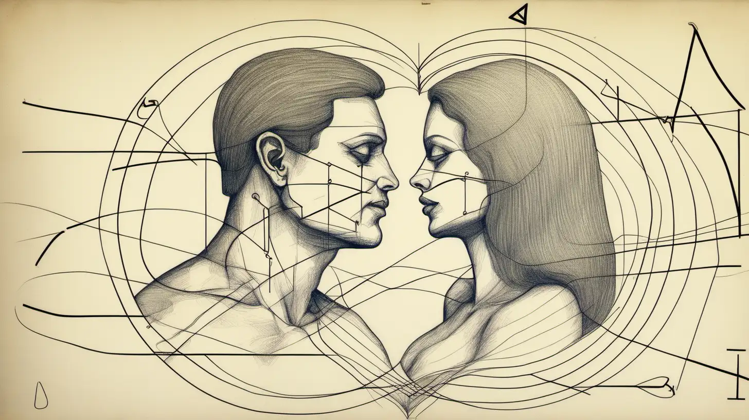 Romantic Couple Embracing in Abstract Diagrammatic Drawing