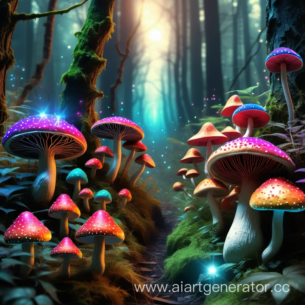 Show a psychedelic fairy tale forest with lots of colorful magic mushrooms growing 