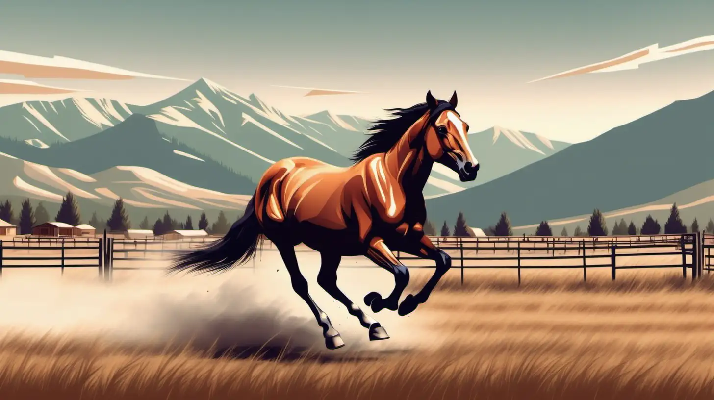 Galloping Horse in Montana Ranch with Mountain Backdrop Realistic Cartoon Style Artwork