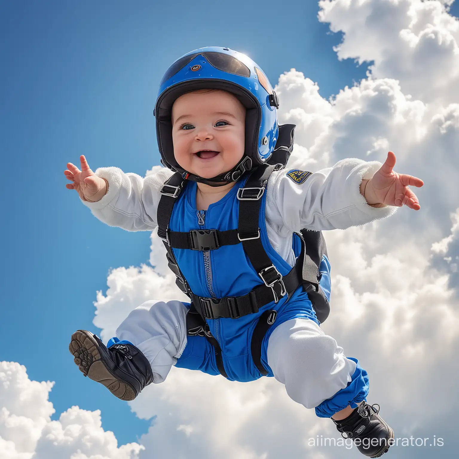 A baby skydiving in the sky. The baby should be wearing a small skydiving suit with a helmet and goggles. The sky should have fluffy white clouds and a bright blue background. The baby should have a joyful expression on their face, with their arms and legs spread out as if they are enjoying the experience. The image should be vibrant and full of energy.