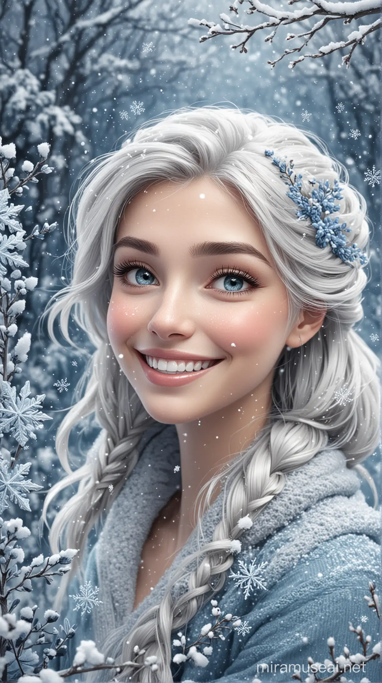 Frozen Cartoon Character Smiling Surrounded by Snow and Flowers