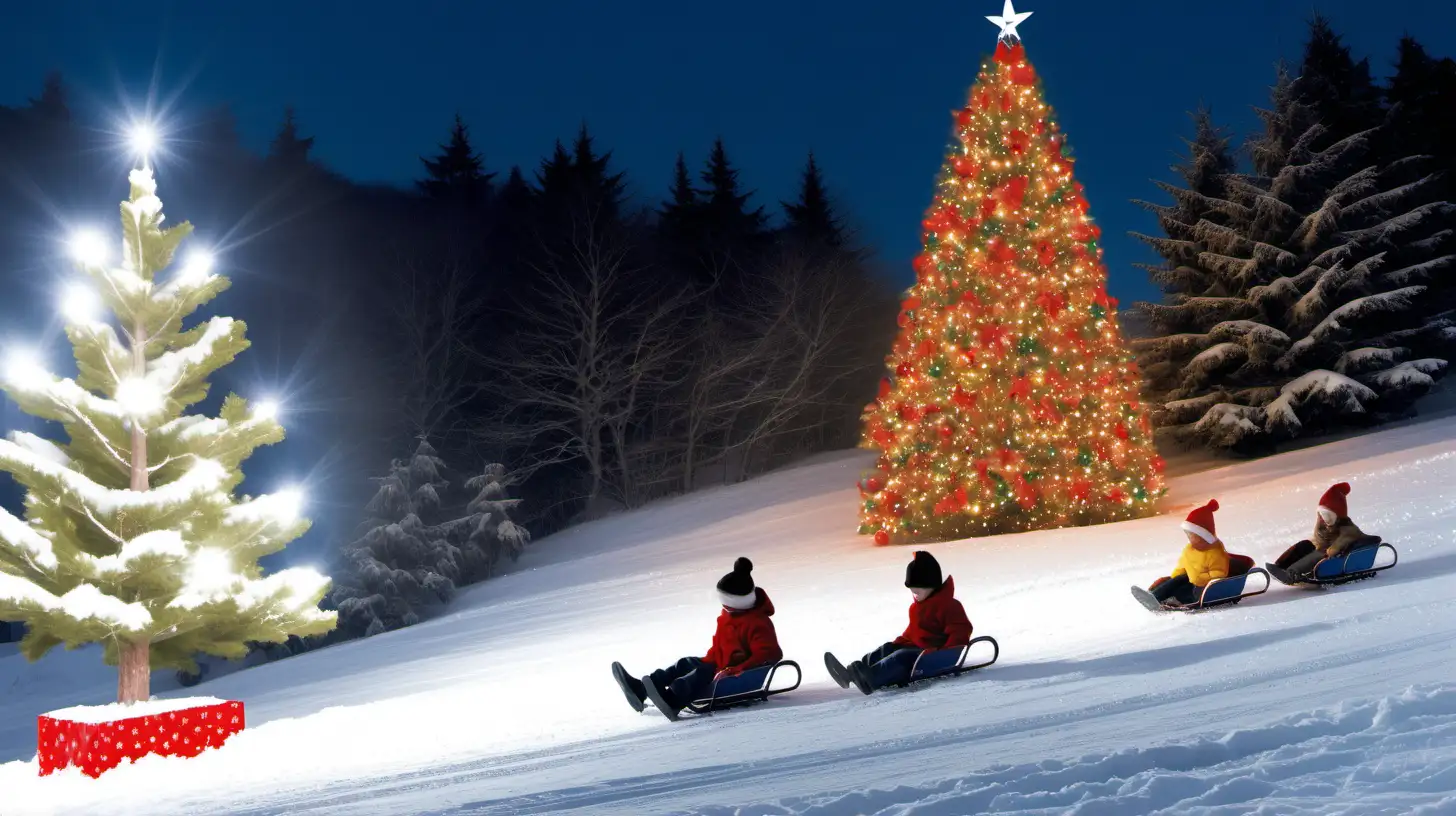 "Capture the thrill of children sledding down a snowy hillside, passing by a brightly lit Christmas tree in the foreground."