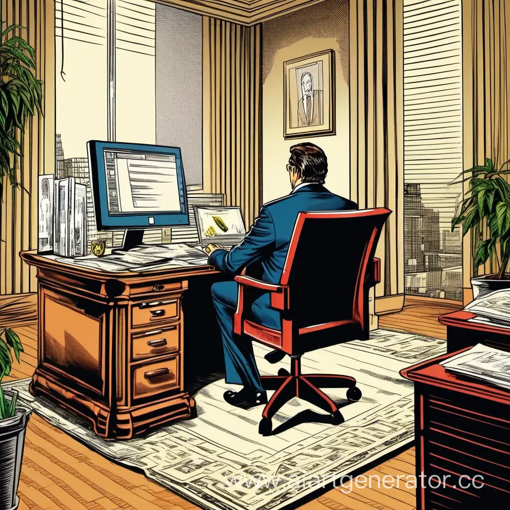 богатый человек в офисе у компьютера - вид сзади