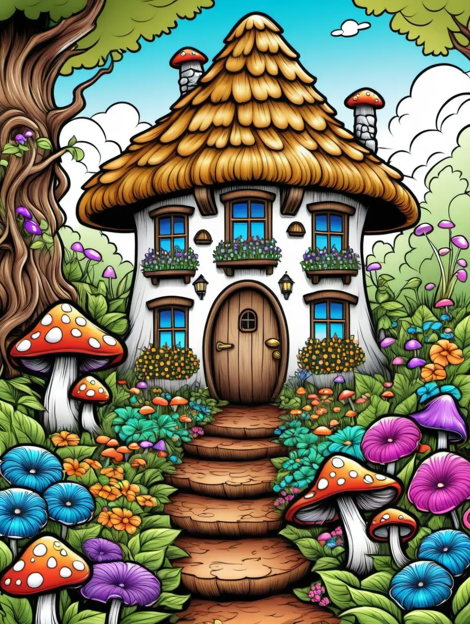 coloring book cover, simple, fantasy,  storybook cottage, thatch roof,  with flowers, mushrooms growing in the flowers,  trees, vivid color