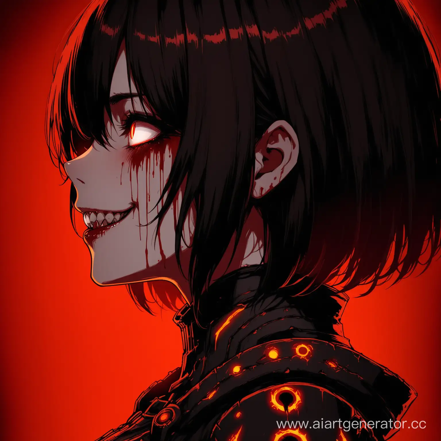 anime emo doom mysterious girl from game doom enternal, from the side and look at up, black make up, blood, face in profile, red background, psycho smile. detail light and shadows