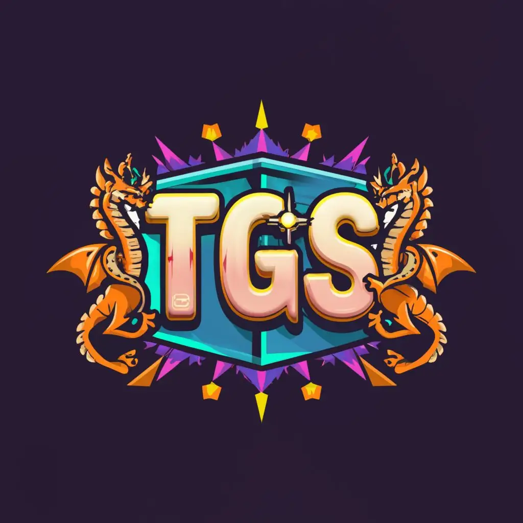 a logo design,with the text "TGS", main symbol:computer screen, dragons, sun rays, stars, community, video games, world of warcraft, minecraft, fortnite, guild wars, path of exile, D&D, voxel, 3D sheen, fantasy roleplaying, open book, sharp edges, swords, shields, adventure, open world, friends,Moderate,clear background