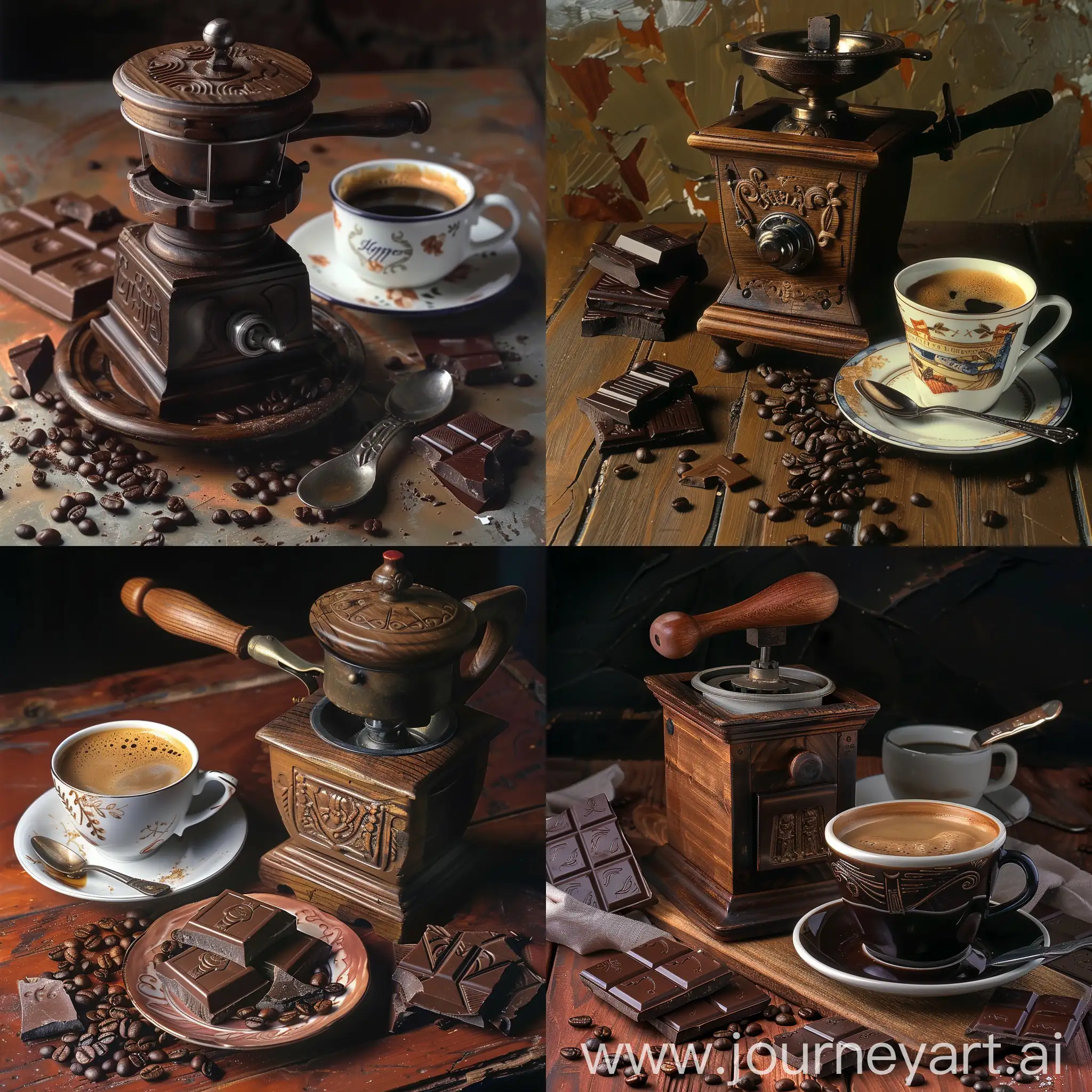 Vintage-Coffee-Grinder-and-Artisanal-Coffee-Setting-with-Chocolate-and-Beans