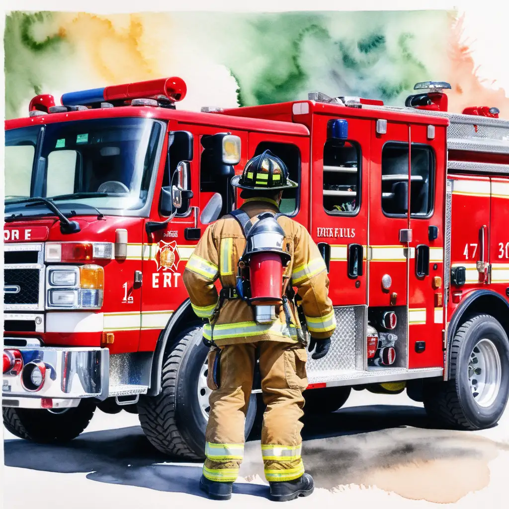 Firefighter Standing by Fire Engine with Watercolor