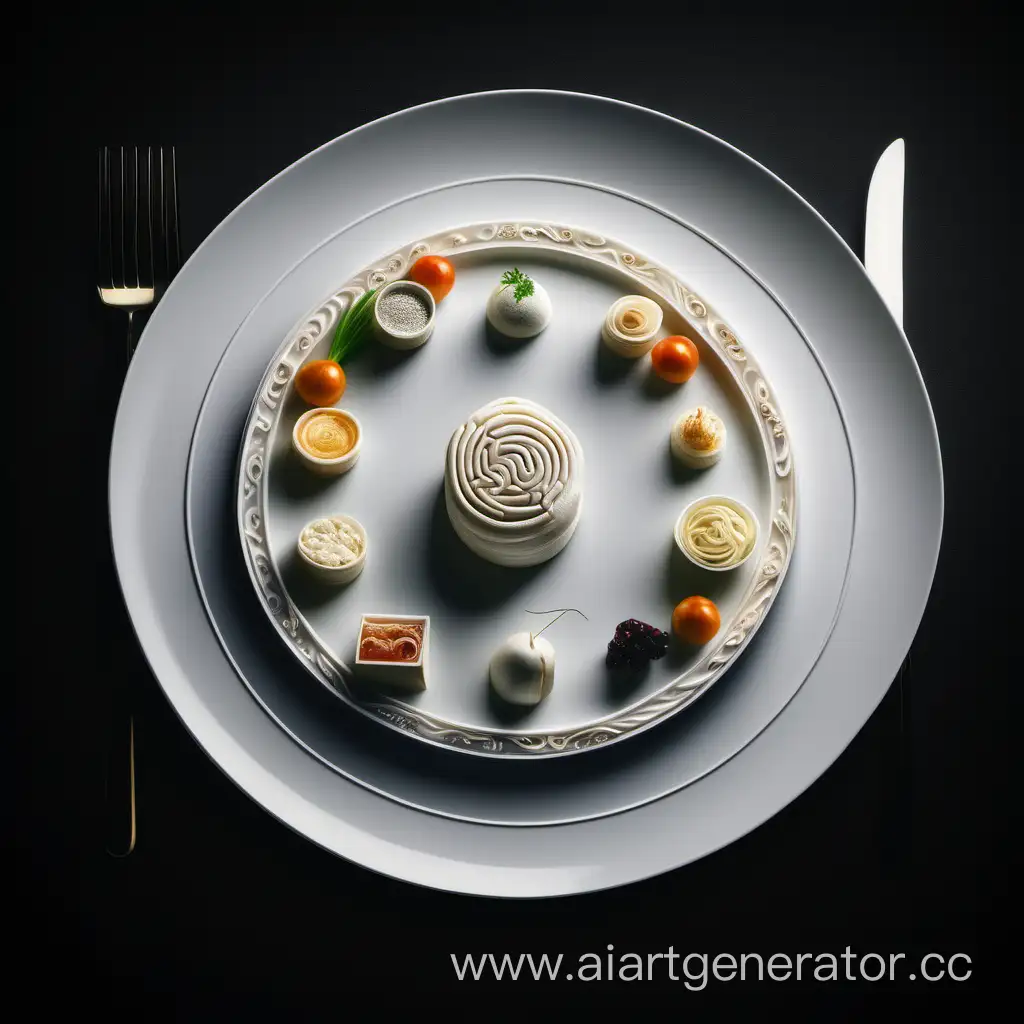 Еда мишлен в тарелке на чёрном фоне, символизирующая знак зодиака дева