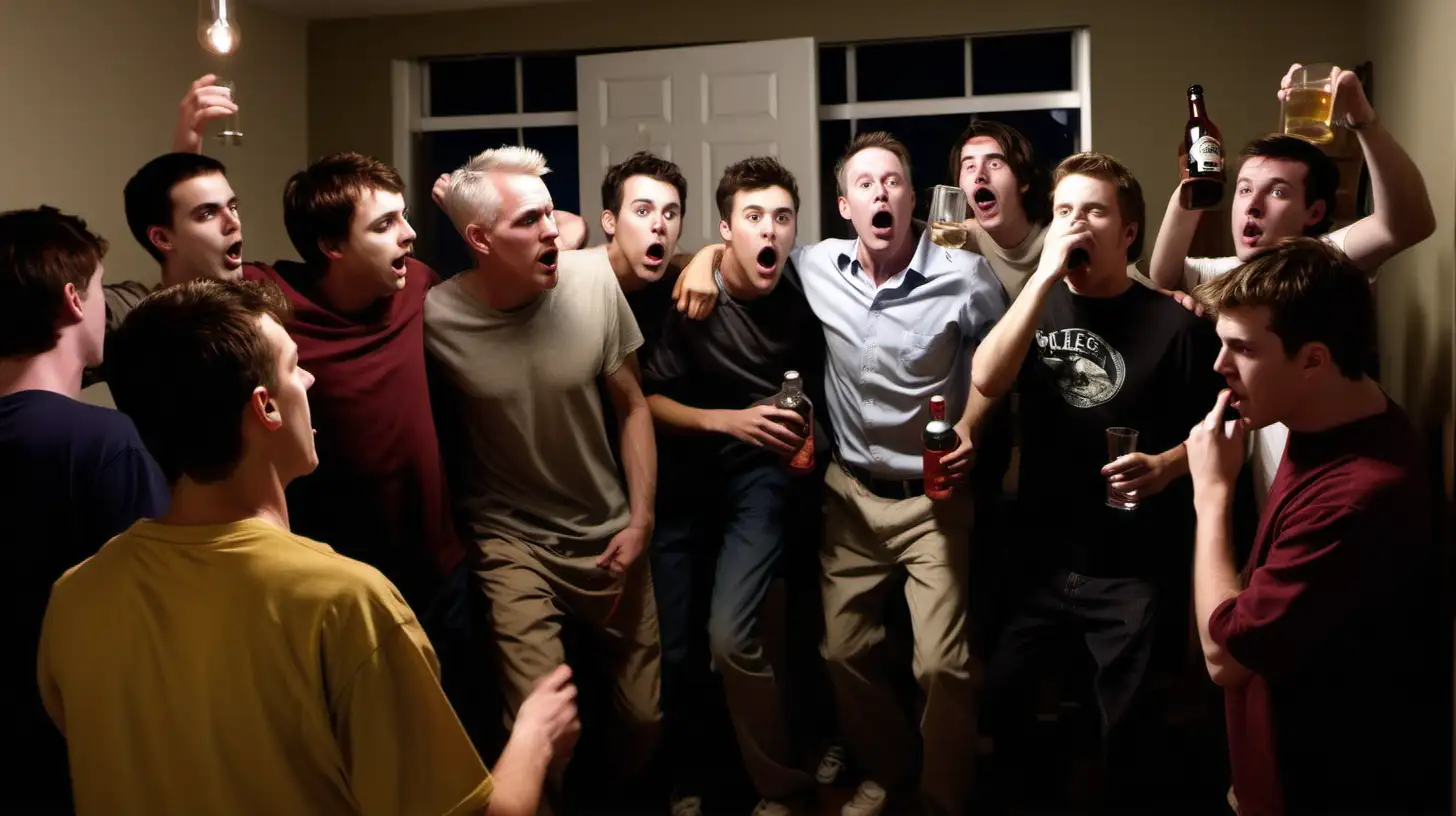 crowd of college aged white men inside an apartment at night with alcohol