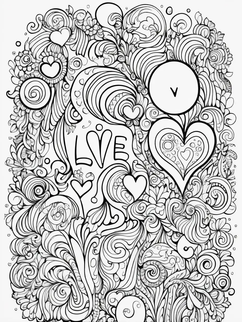 beautiful, whimsical, black and white coloring page for adults, very simple, no shading, a well defined vector EPS line art coloring book page of a doodle pattern on white background, low detail, think lines, With white bubble letters LOVE
