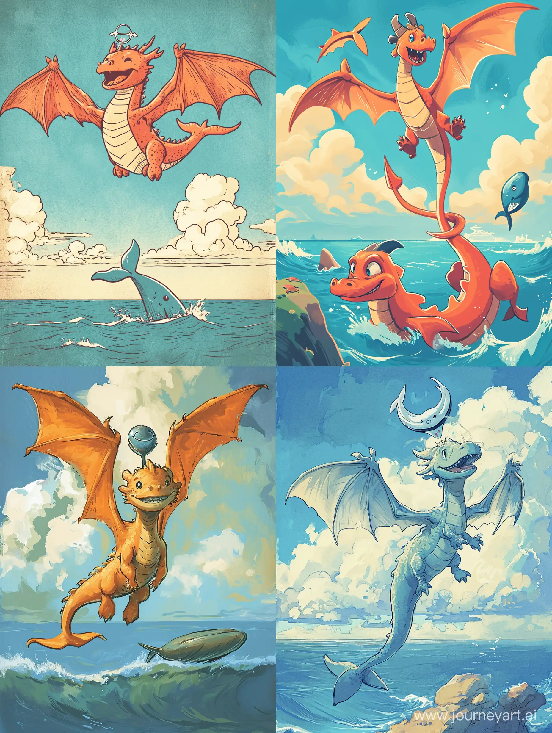 Joyful-James-Jean-Style-Dragon-Soaring-Above-Ocean-with-Whale-Emblem