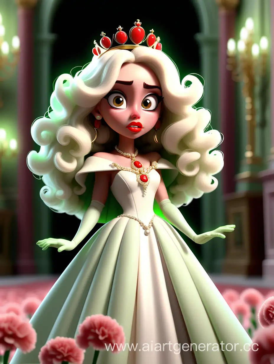 Ava Max as Princess of Albania, white dress, light green gloves, wreath of red carnations, white shoes, light green transparent cloak, pearl necklace, golden earrings, baby pink lipstick, white eye shadow, brown eyes, very curly hair, in the palace, Pixar, Disney style, 3D render, animation, movie poster, bokeh, broad lightning, daylight, glow stick lightning, professional animation
