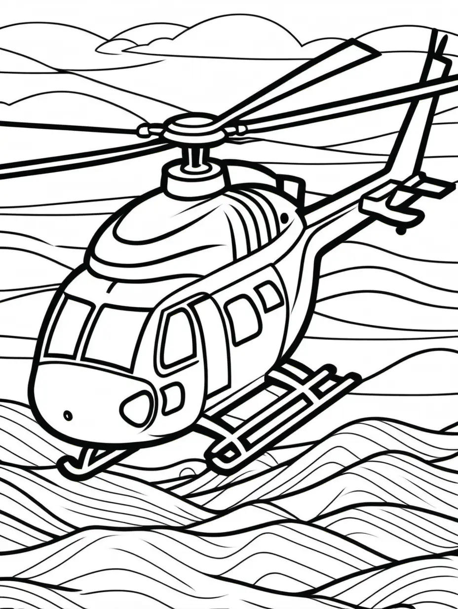 coloring book for kids, thick lines, no shading, less detail, helicopter 

