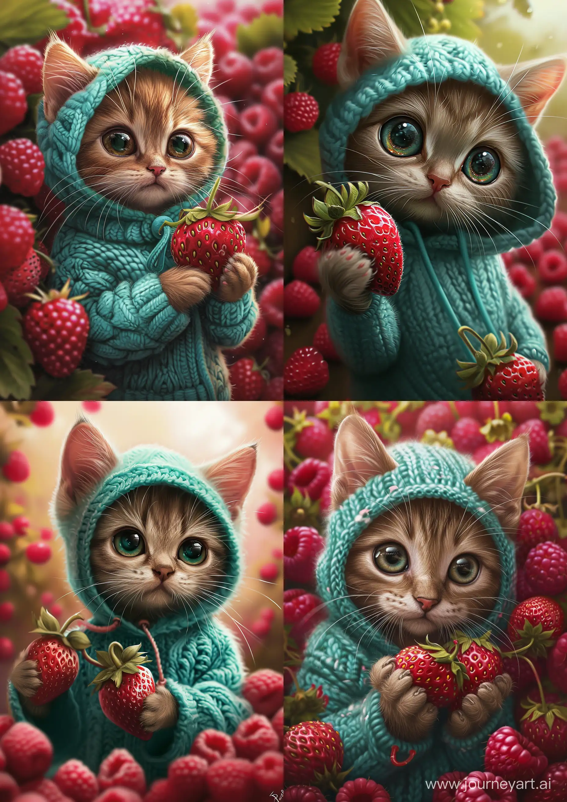 Sweet-Cat-with-Strawberries-in-Turquoise-Knitted-Hoodie