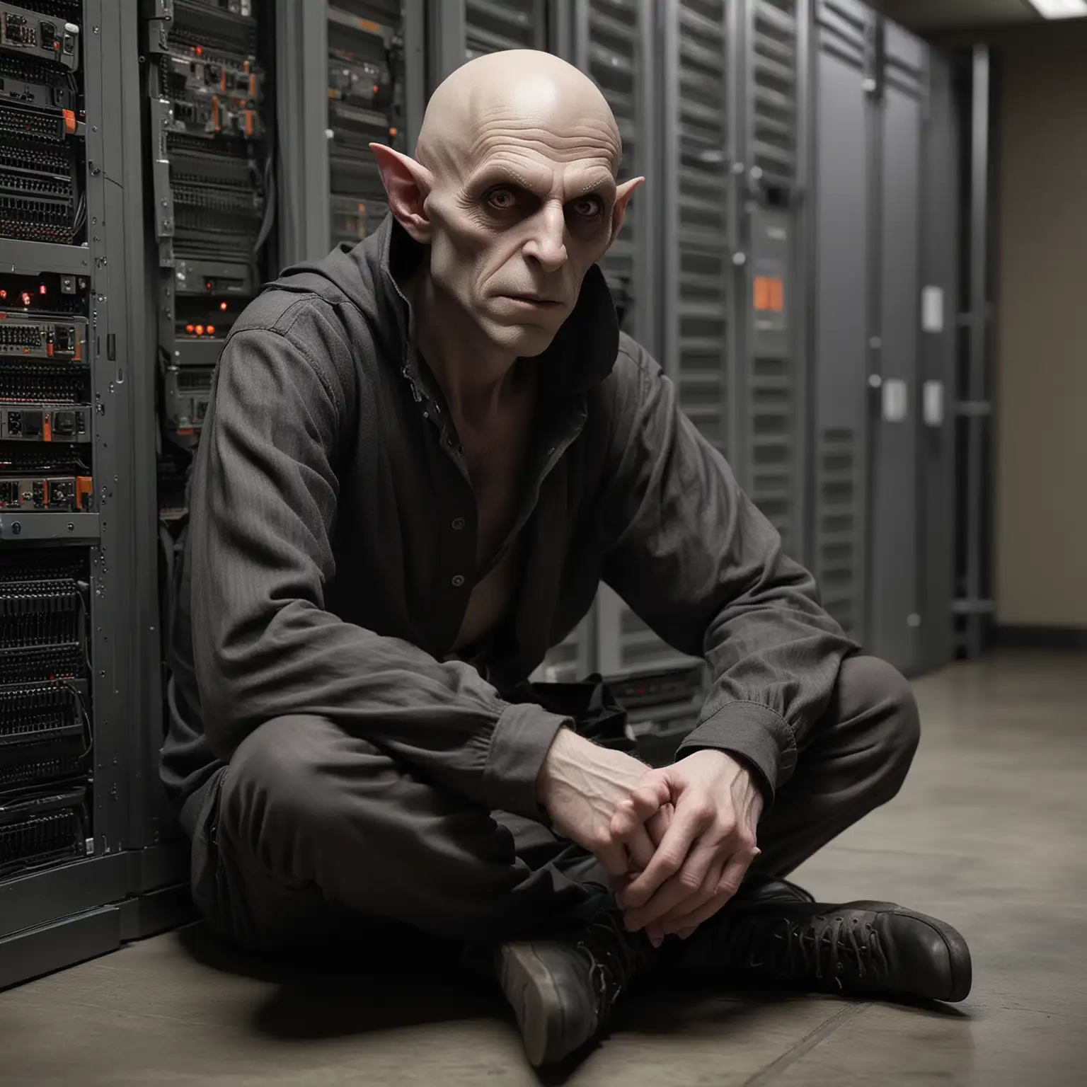 A male Nosferatu, modern casual clothing, sitting on the floor of a server room, bestial features, hideous, realistic