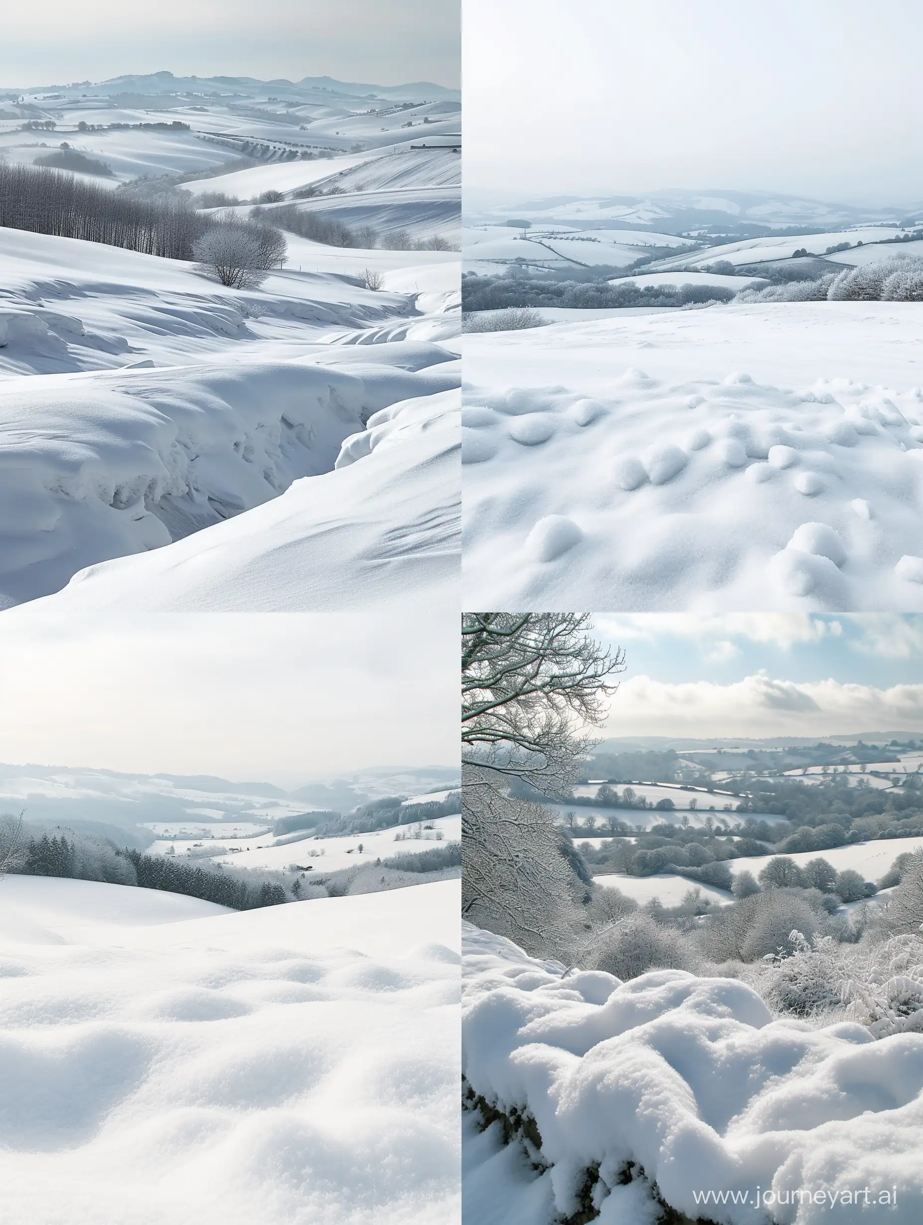 Snowscape, everything covered in heavy snow, with rolling hills in the distance.