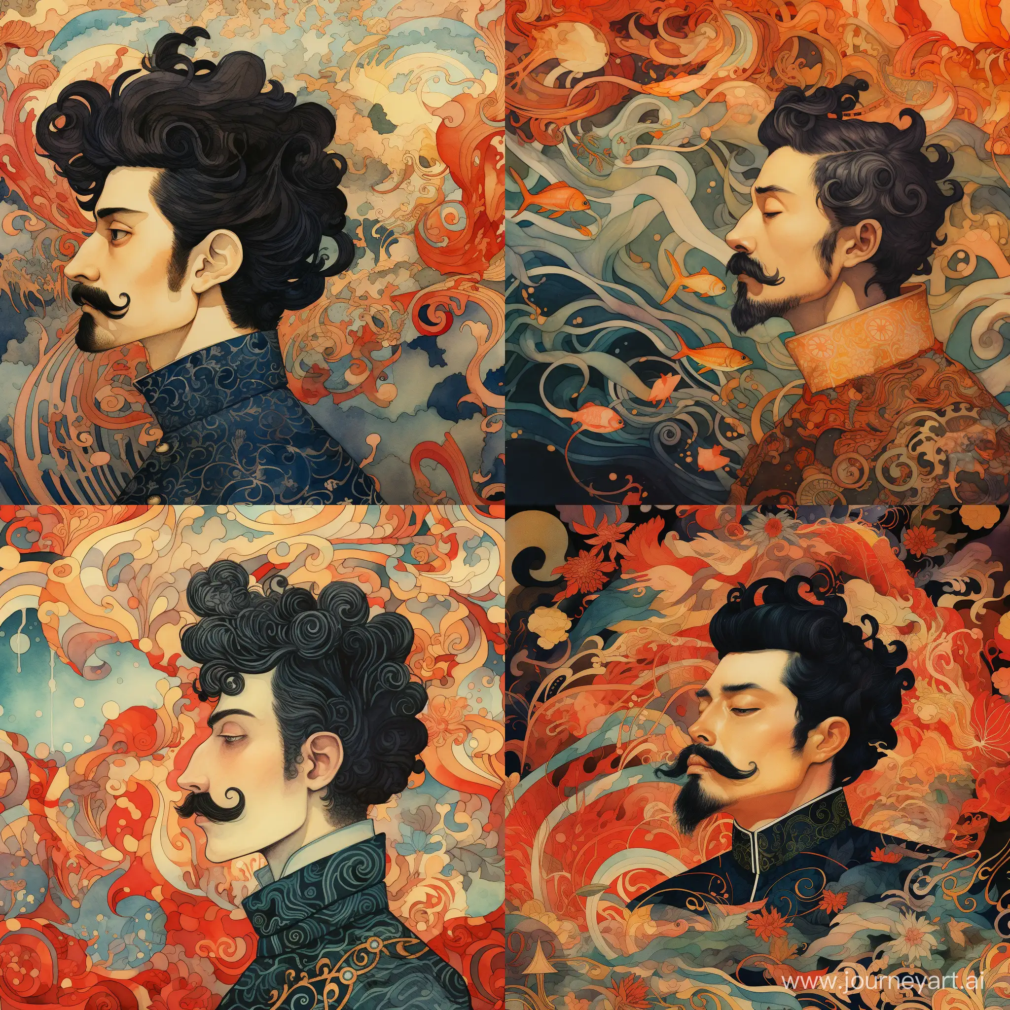 Regal-BlackHaired-King-in-Profile-Amidst-Club-Pattern-A-Stylized-Victo-Ngaiinspired-Portrait