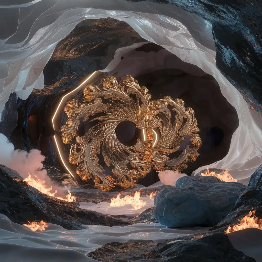 infinite mandelbrot gold-porcelain burning fractals inside a futuristic swirl metallic glowing cave, ice, fire and volumetric smoke inside cave.
