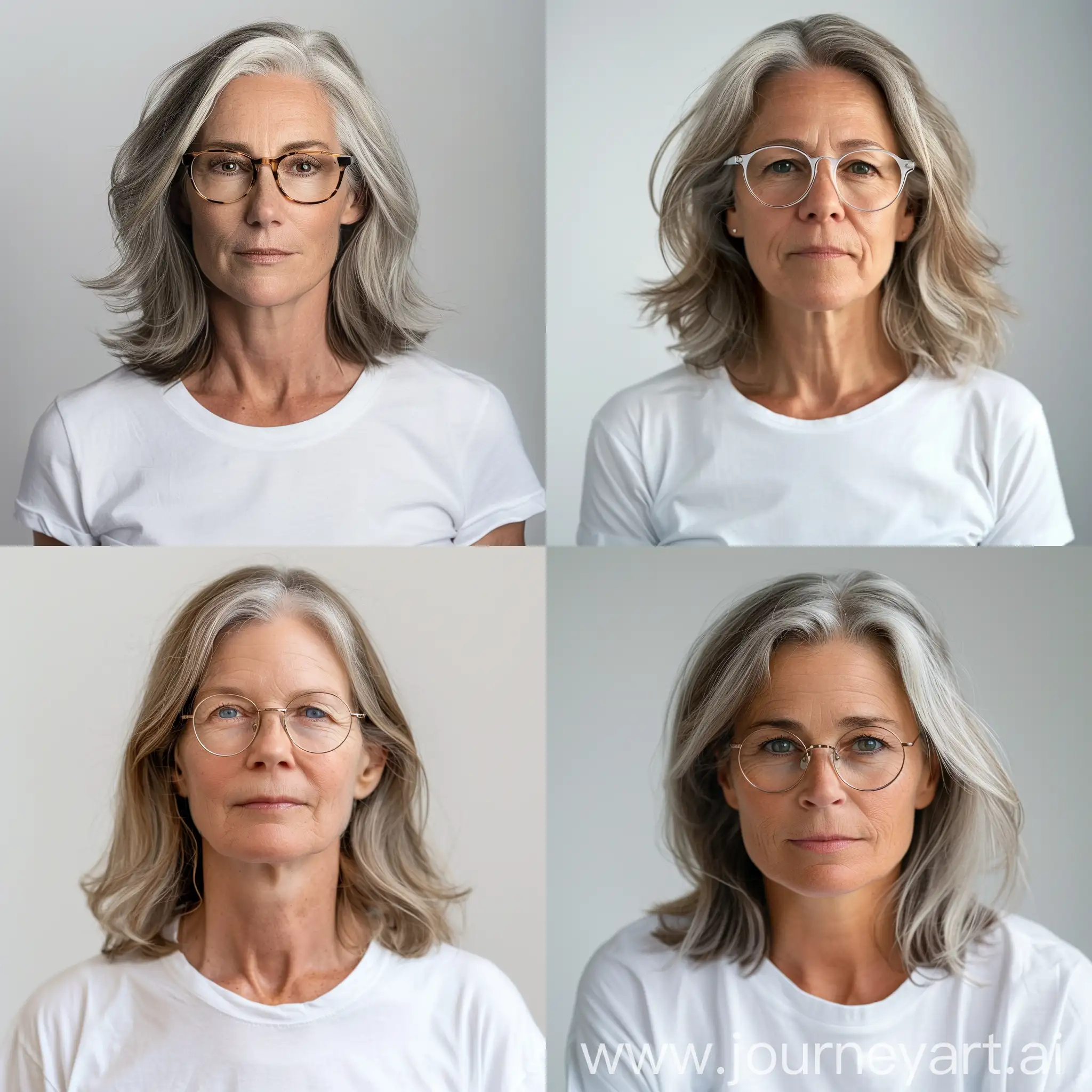 an adult white woman with reading glasses, middle-length hair, in white t-shirts. front seeing. head close shot. don't cut the head. front-head body. white background. realistic