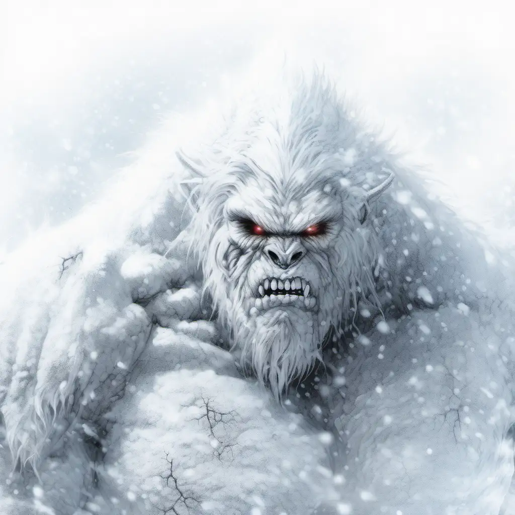genera una ilustración estilo Luis Royo respetando la foto original. Un yeti en una tormenta de nieve. Monstruoso, musculoso, Luz etérea y fría