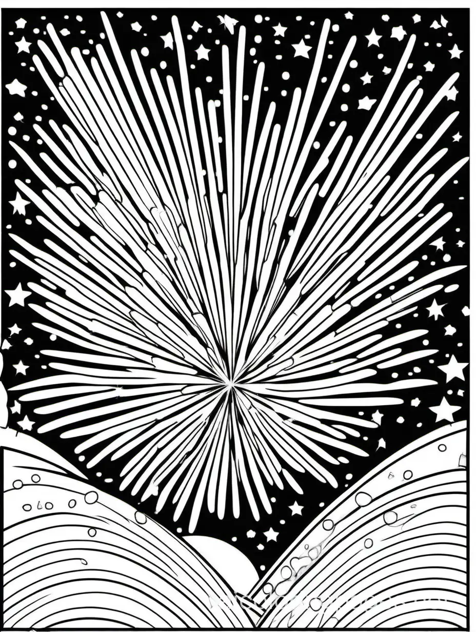 A vibrant fireworks display lighting up the night sky with bursts of color and sparkle., Coloring Page, black and white, line art, white background, Simplicity, Ample White Space. The background of the coloring page is plain white to make it easy for young children to color within the lines. The outlines of all the subjects are easy to distinguish, making it simple for kids to color without too much difficulty