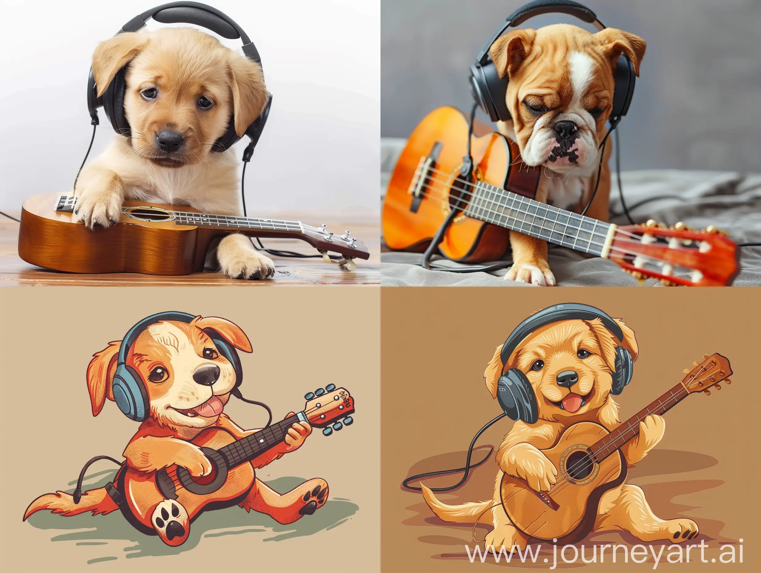 一条可爱的小奶狗，戴着耳机，一边听歌一边弹吉他