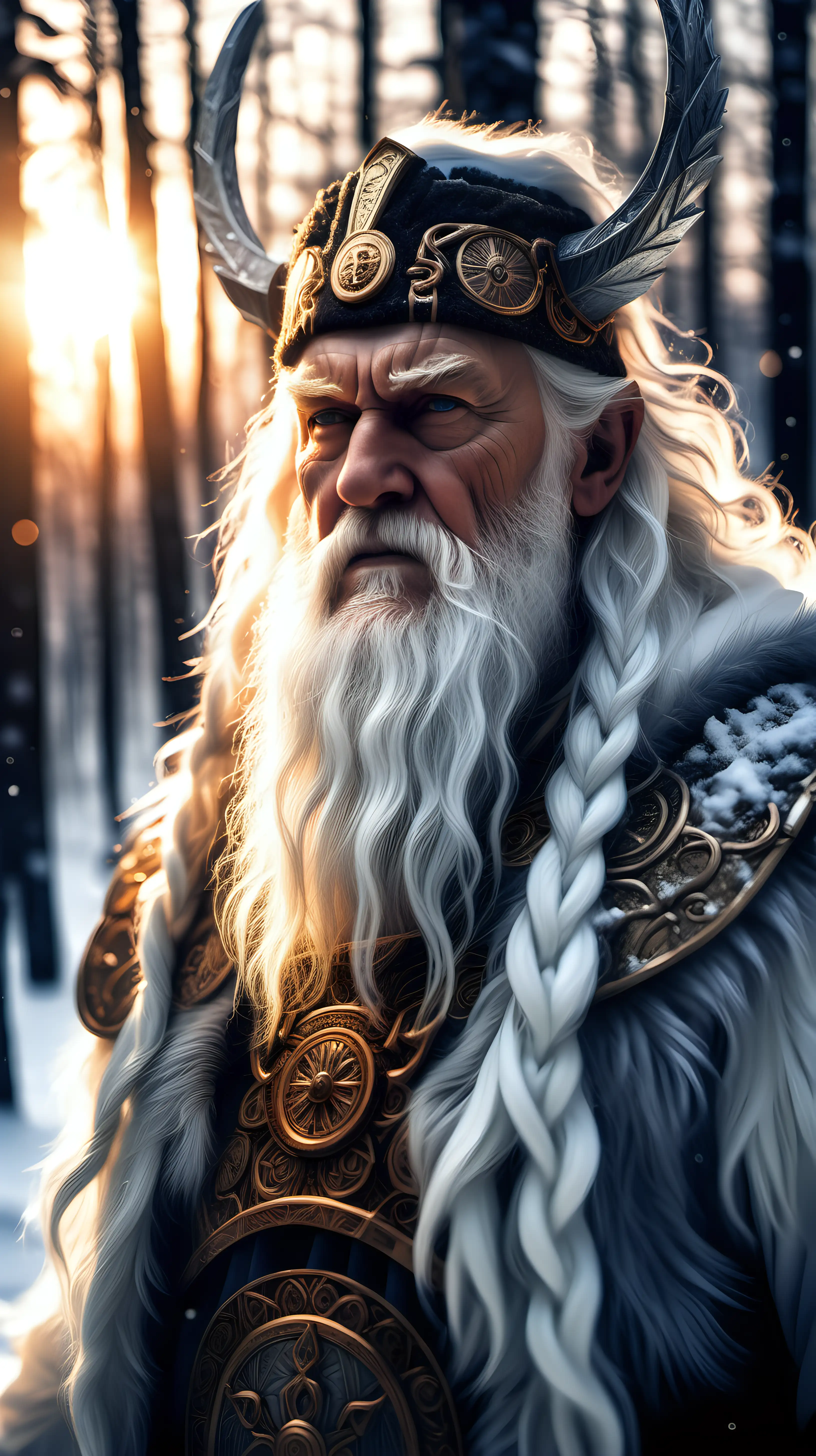 portrait of the elderly God Odin, detailed skin, snow in hair, background snow forest, ambient sunset light