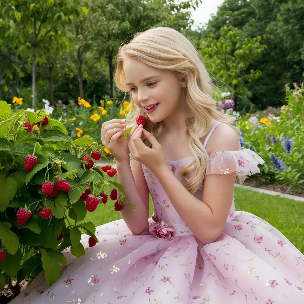Красивая русая девушка в красивом платье кушает в саду малину возле малинового куста.Вокруг садовые деревья и цветы.