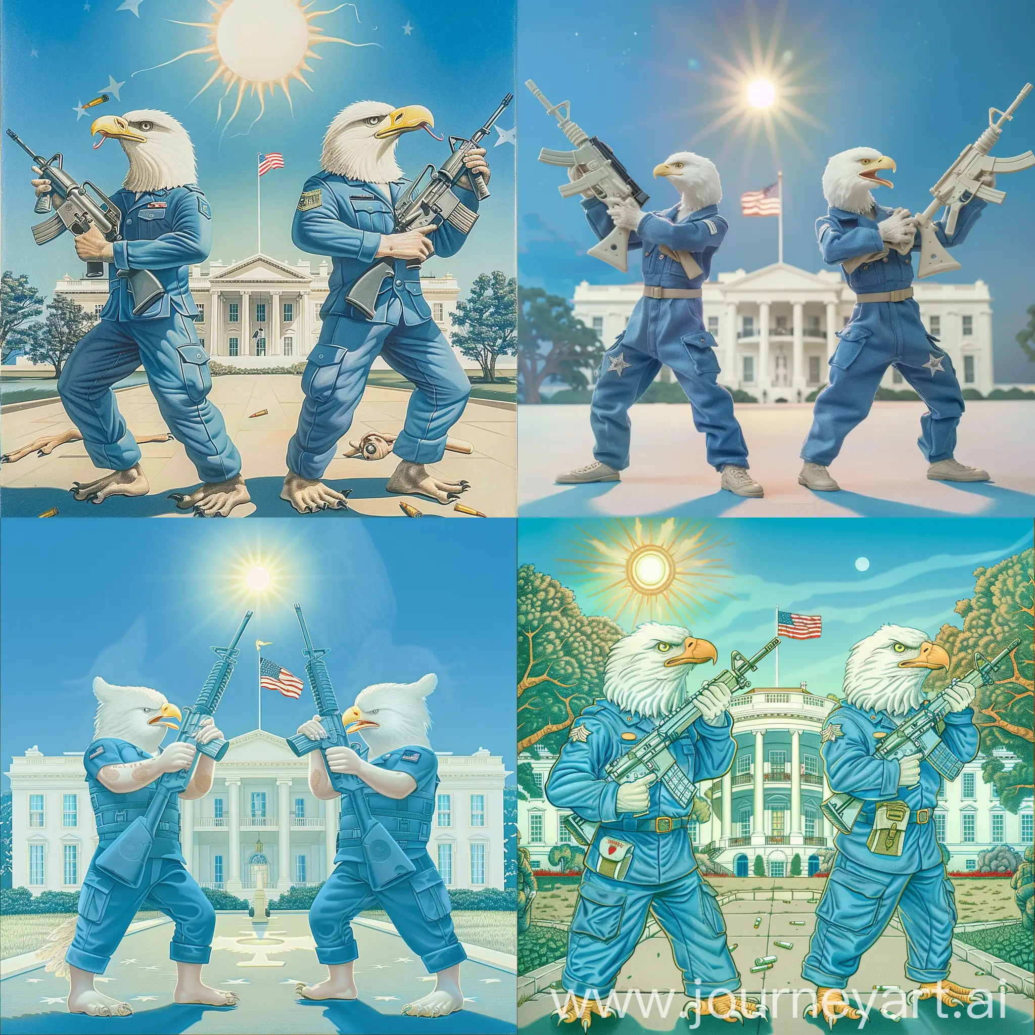 only two cute white eagles are in blue USA military uniforms and pants, without shoes, each of them hold one M-16 assault rifle in each of their hands, before Washington White House, there is an USA flag on the top of white house, sun in blue sky