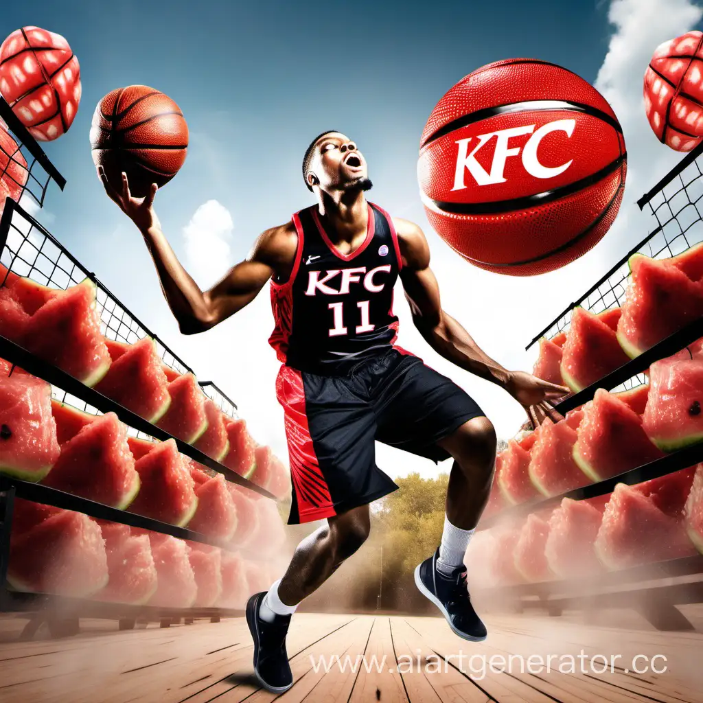 basketball player throwing the watermelons into KFC basket