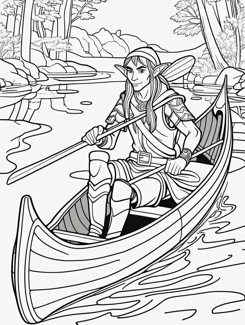 coloring page for kids, wood elf in canoe, thick lines, low detail, no shading