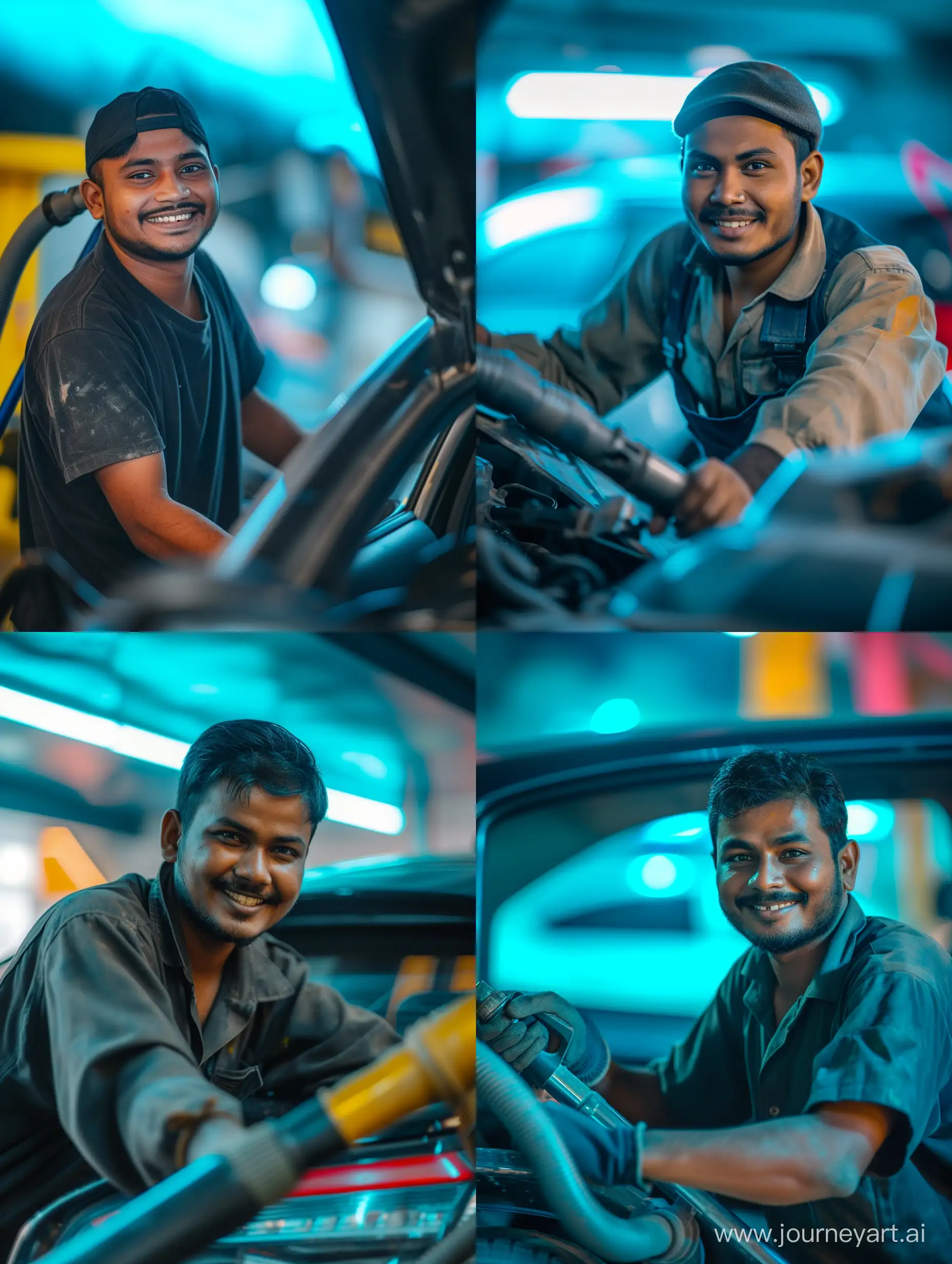 Ultra realistic, a Bangladeshi worker is vacuuming a car. cheerful and smiling face. background in the car. there is a blue light behind. canon eos-id x mark iii dslr --v 6.0