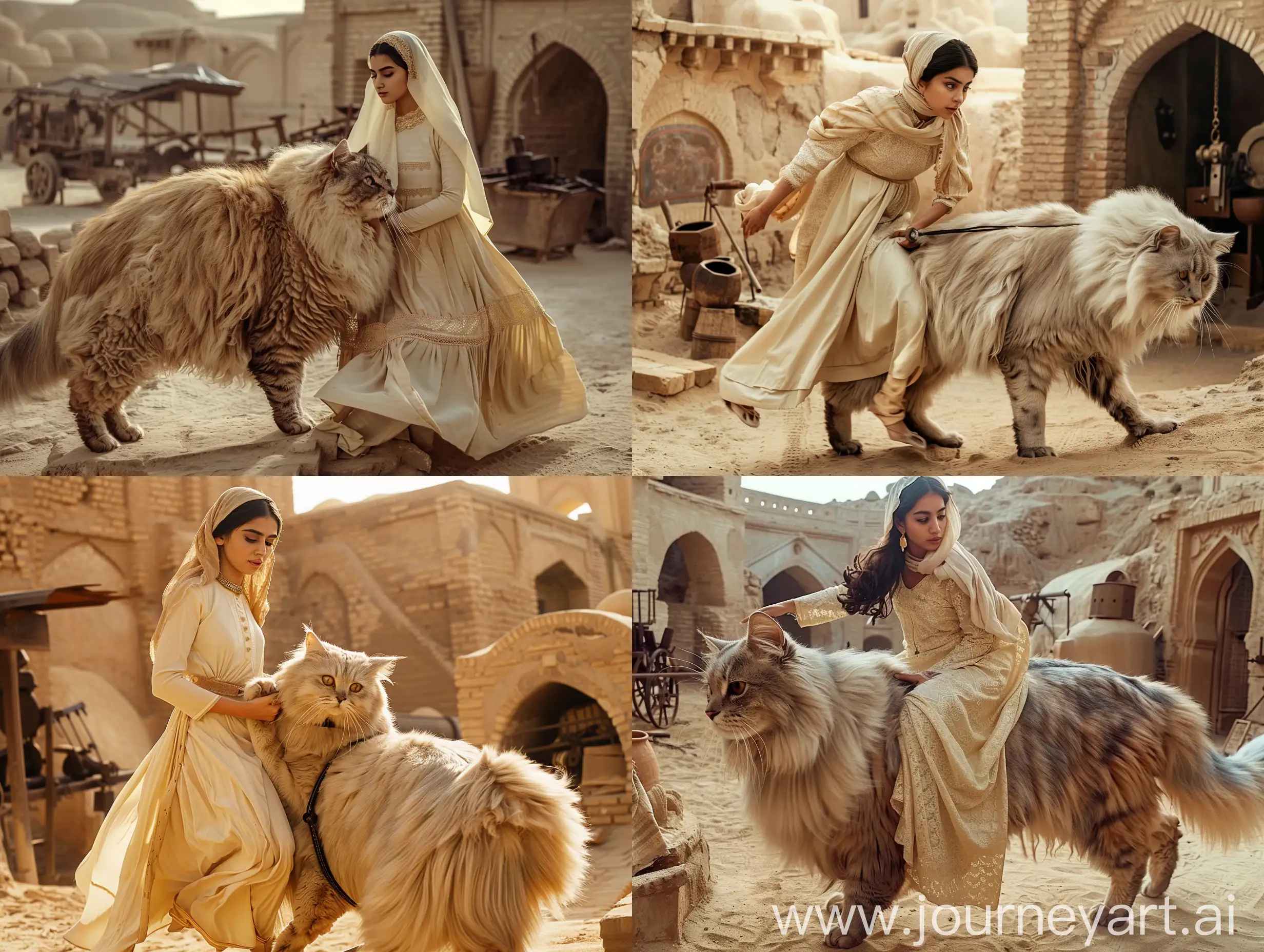 A young Persian woman in a cream dress and headscarf is getting off a giant Persian cat in the Bam citadel to go to an old blacksmith shop.. in an ancient civilization, in a desert, cinematic, epic realism,8K, highly detailed, bird's eye view, backlit, glamour lighting