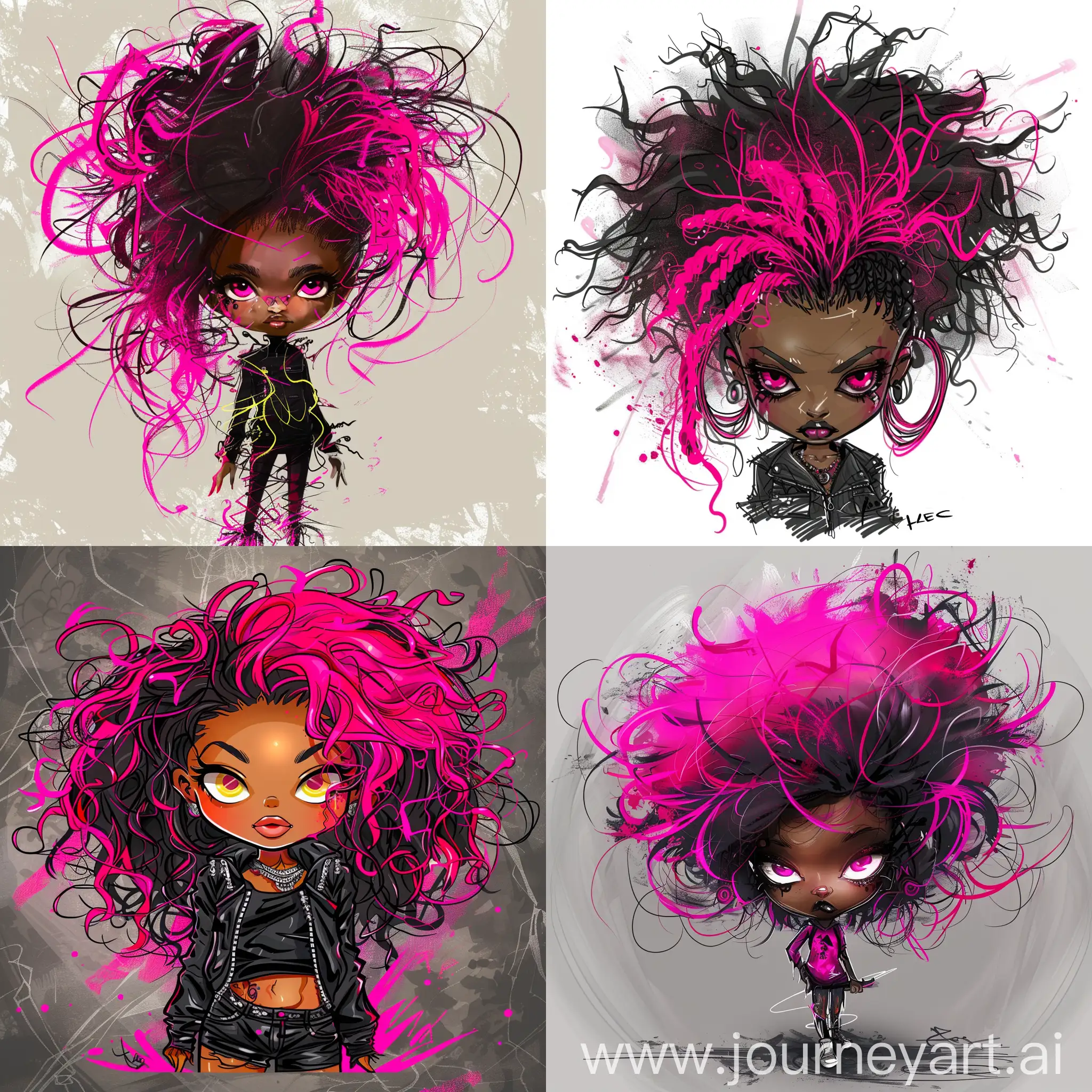 AA striking and edgy illustration of a sophisticated  25 yo chibi /boho ebony femail chibi boho  female punk rocker   with  neon pink very messy  hair. t