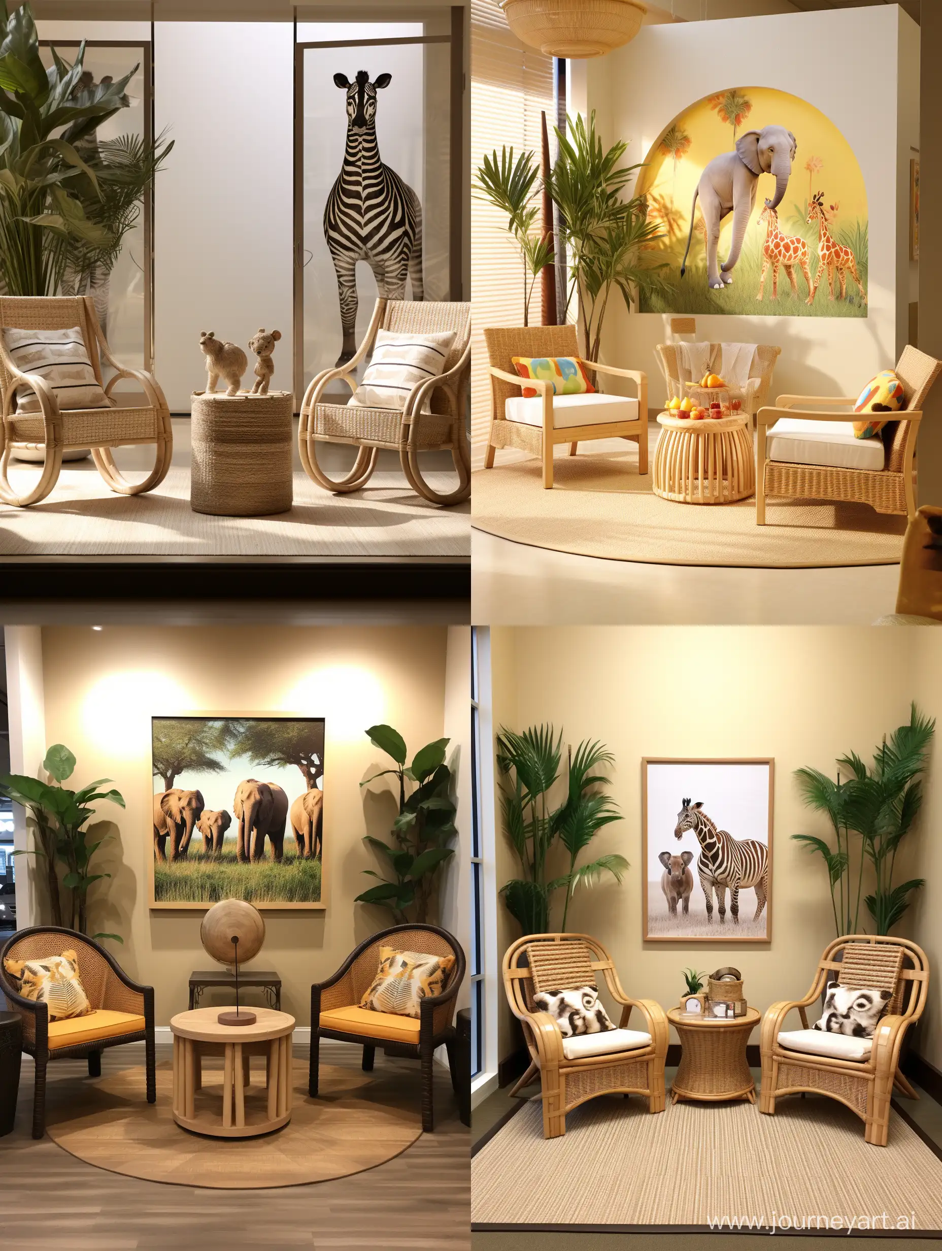 imagine an image of The small kid friendly british colonial style of interior Entrance zone of the showroom interior is designed to create a tranquil and spacious setting for the unveiling of the Safari Seat collection. The collection features cute chairs made with engineered wood tub frames and seats woven from plant fibers and recycled wood, adorned with silhouettes and designs of safari animals for children. The space is adorned with reclaimed local wood or natural stone flooring etched with subtle tracks of native wildlife, while warm-toned, locally-sourced clay or lime plaster finished walls display stylized, educational murals of endemic wildlife. A high, vaulted ceiling with exposed wooden beams adds an open canopy-like feel, complemented by custom lighting fixtures inspired by natural elements. The palette reflects the local landscape's colors, showcasing children's chairs arranged in an inviting semicircle. Locally crafted handicrafts and digital touchpoints offering interactive educational content about the chairs' sustainable journey and local culture are strategically placed within the space. The design prioritizes sustainable, natural elements and cultural storytelling, conveying a commitment to harmonious and innovative design principles.interior design style