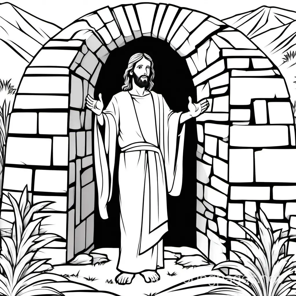 Jesus by the tomb from the Bible coloring page for kids, Coloring Page, black and white, line art, white background, Simplicity, Ample White Space. The background of the coloring page is plain white to make it easy for young children to color within the lines. The outlines of all the subjects are easy to distinguish, making it simple for kids to color without too much difficulty