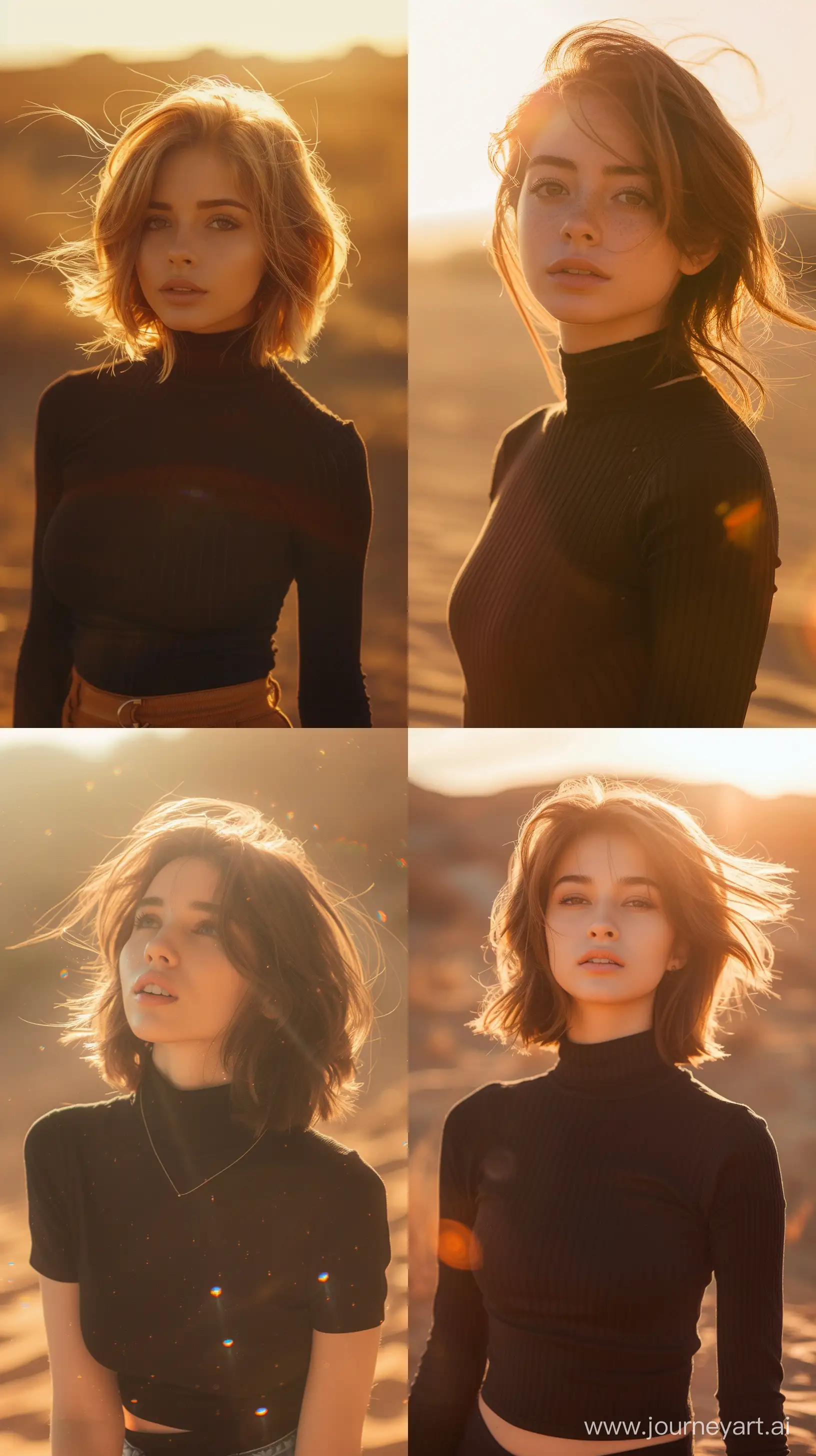 A beautiful, wonderful, kind and cute young woman wearing short black highneck, she is model, In space on Mars, Depth of field photograph. The sun's rays on it . Soft colors. --ar 9:16 --s 250 --style raw --v 6