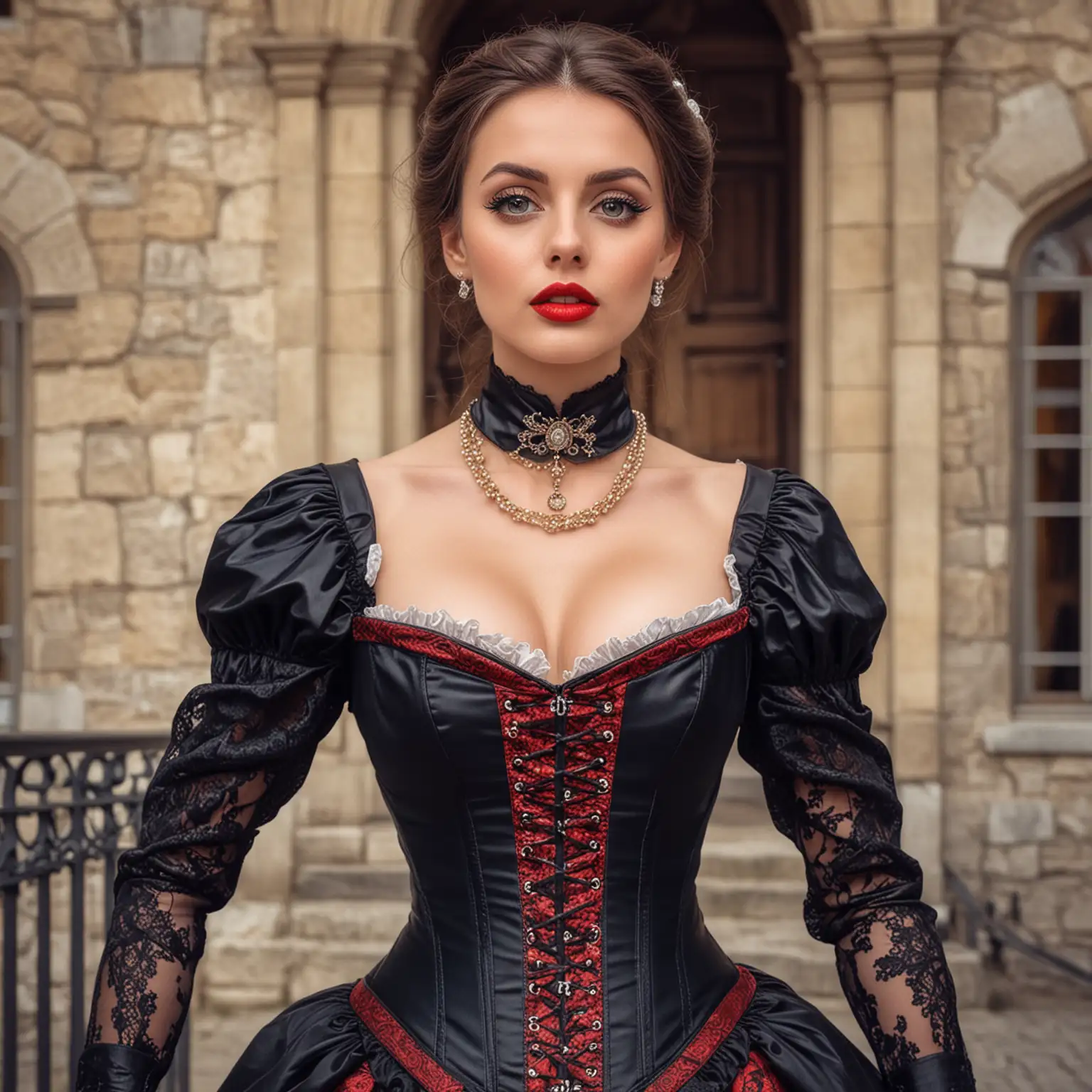 Most beautiful Switzerland lady, huge eyes, porn face, red lips, baroque dress with corset, leather collar, high heels, perfect legs, perfect hands and fingers, royal Switzerland castle background