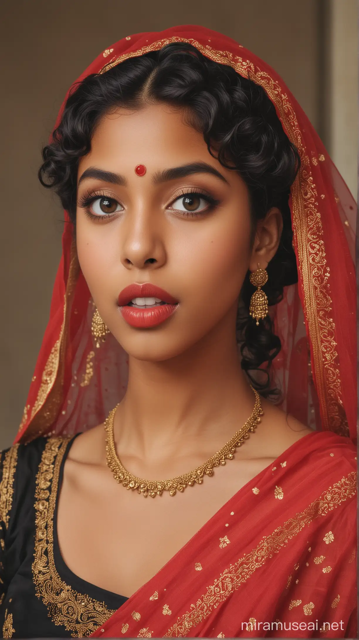 A 16 year old black woman with big eyes, small nose, wide red lips, sharp chin and long curly black hair with a bun at back wearing a saree with a veil on head