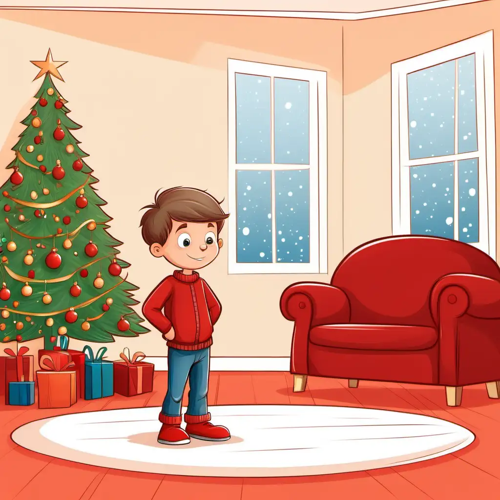 Design a childrens book cover cartoon style. No text. Little boy about 6 years old standing in a christmas decorative living room