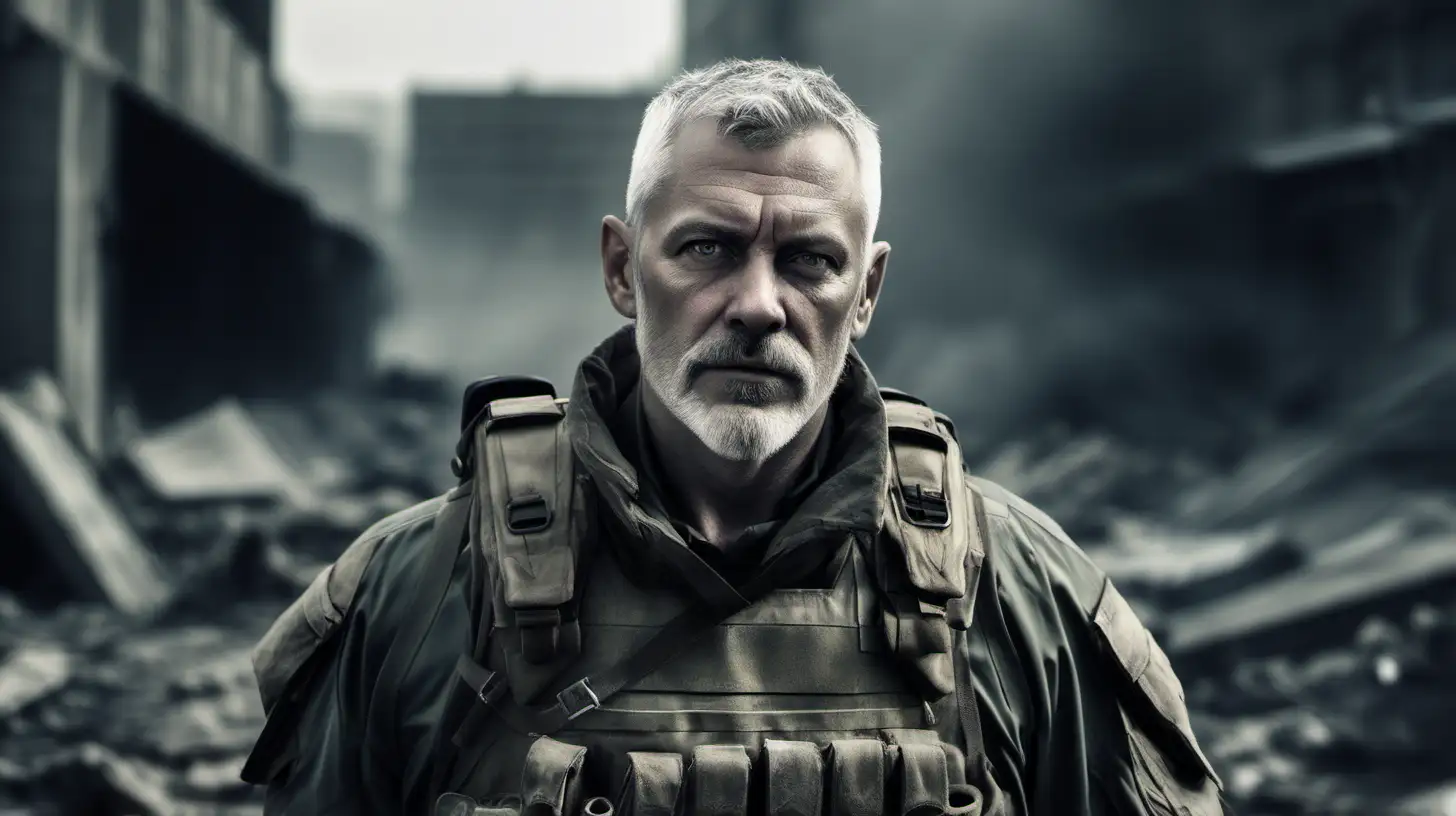 white middle aged man soldier with very short grey hair and a very short grey beard, in an apocalyptic environment