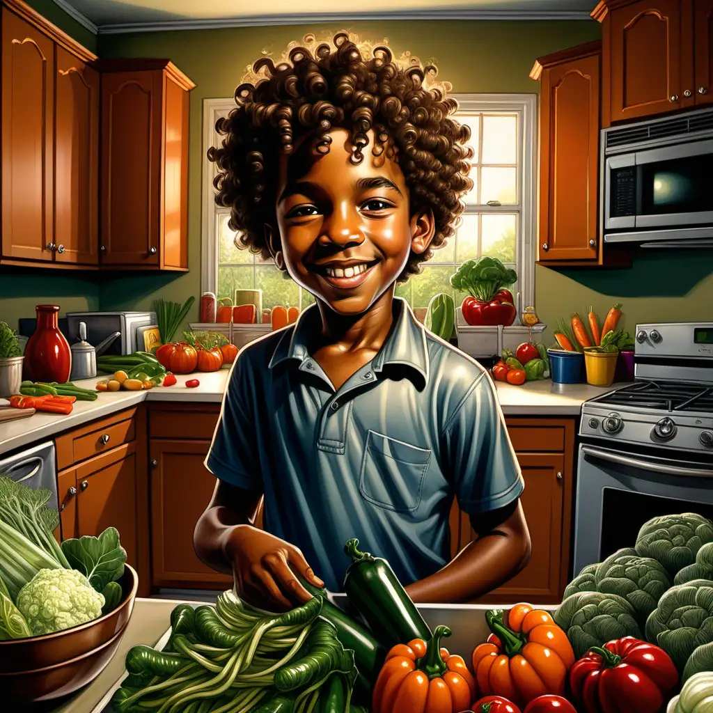Ernie Barnes style cartoon african american 10 year old boy with curly hair smiling in the kitchen with the vegetables and his mother in the back