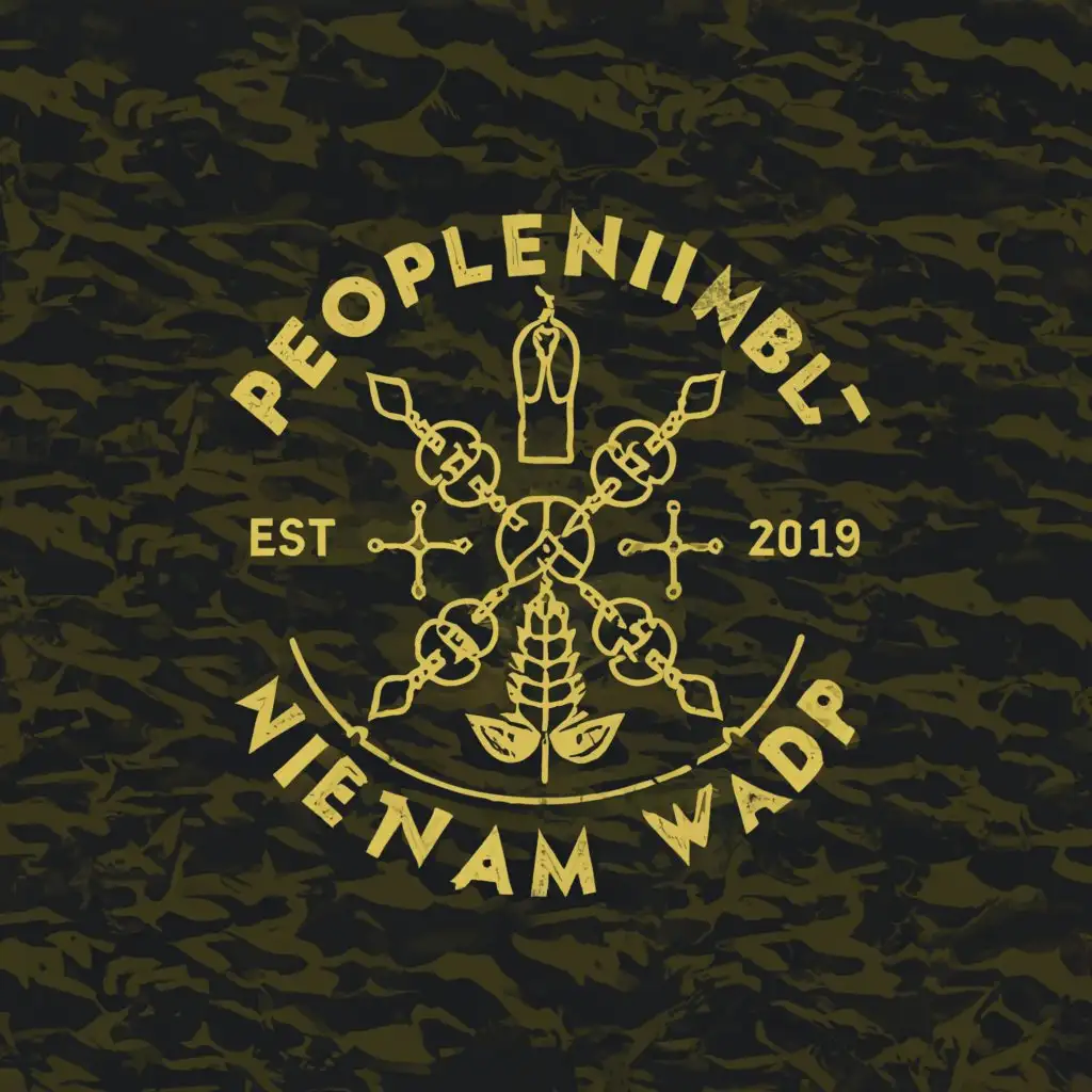 a logo design,with the text "PeopleNimble", main symbol:Catholic rosary surrounded by Vietnam war,complex,clear background