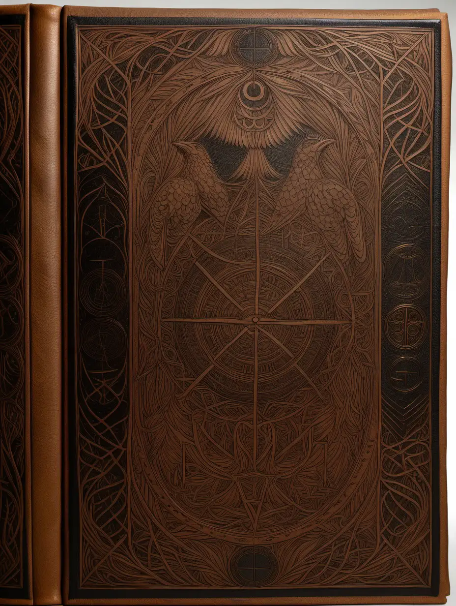 front aligned view of the narrow border of small designs of a blank book covered in leather in the theme "huginn and muninn"